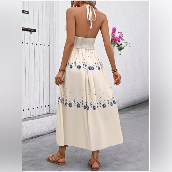 Boho Halter Floral Print Dress Beige - Picture 3 of 8